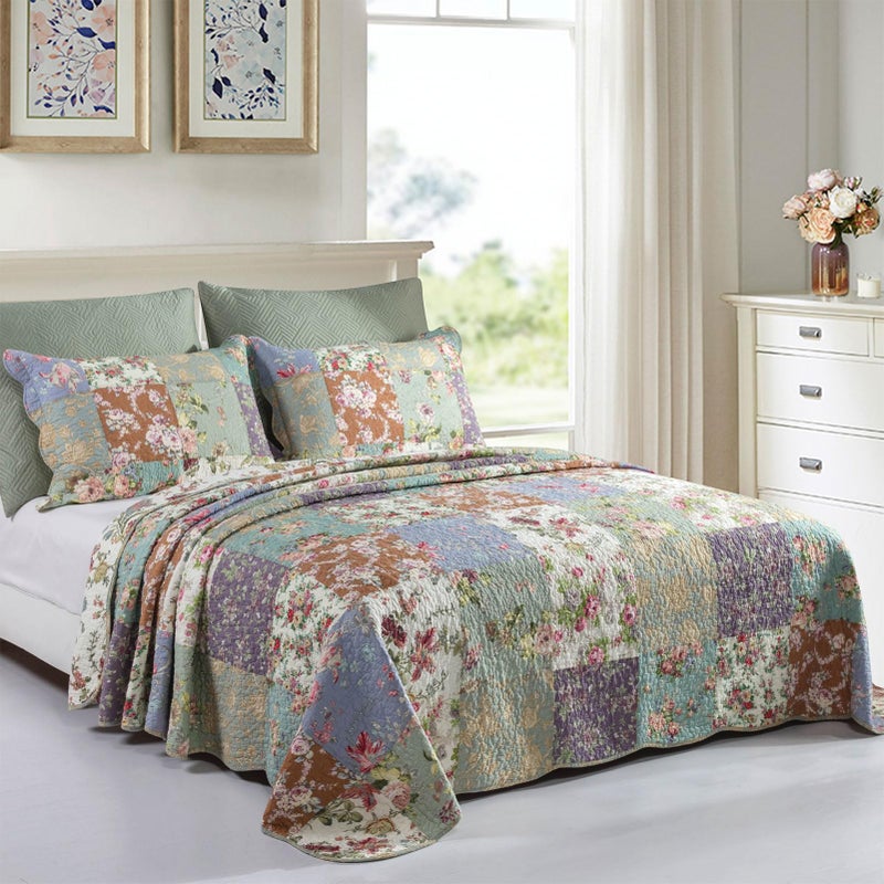 YAYIDAY Quilts Queen Size Patchwork Bedspread Set  100 Cotton Reversible Breathable Floral Quilted Quilt with Pillow Shams Fit All Season