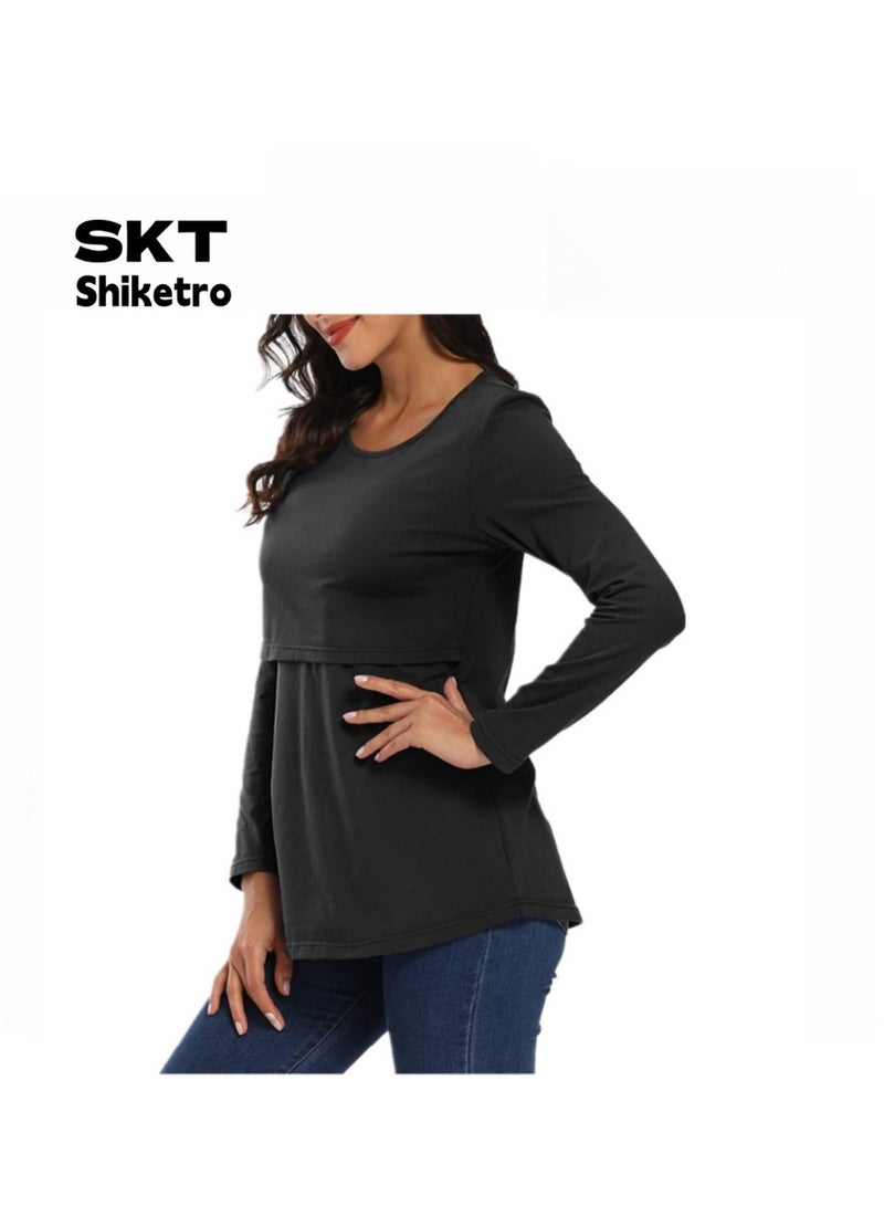 سكت شيكترو بلوزة رضاعة خريفية، تيشيرت قطني خالص بأكمام طويلة، ملابس رضاعة للحوامل، تيشيرت بأكمام طويلة للنزهات الخريفية/الشتوية للأمهات بعد الولادة. - Image 1