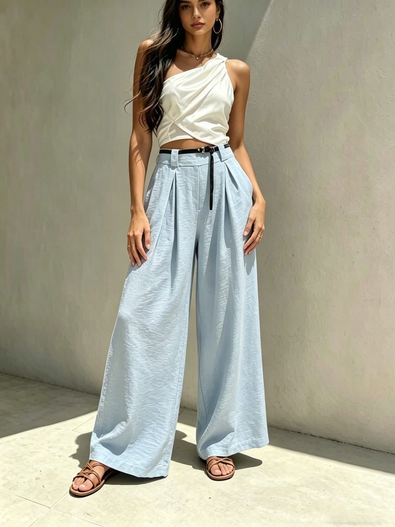بنطلون نسائي واسع الساق عالي الخصر مع كسرات، فضفاض وناعم، طويل وقصير - Image 4