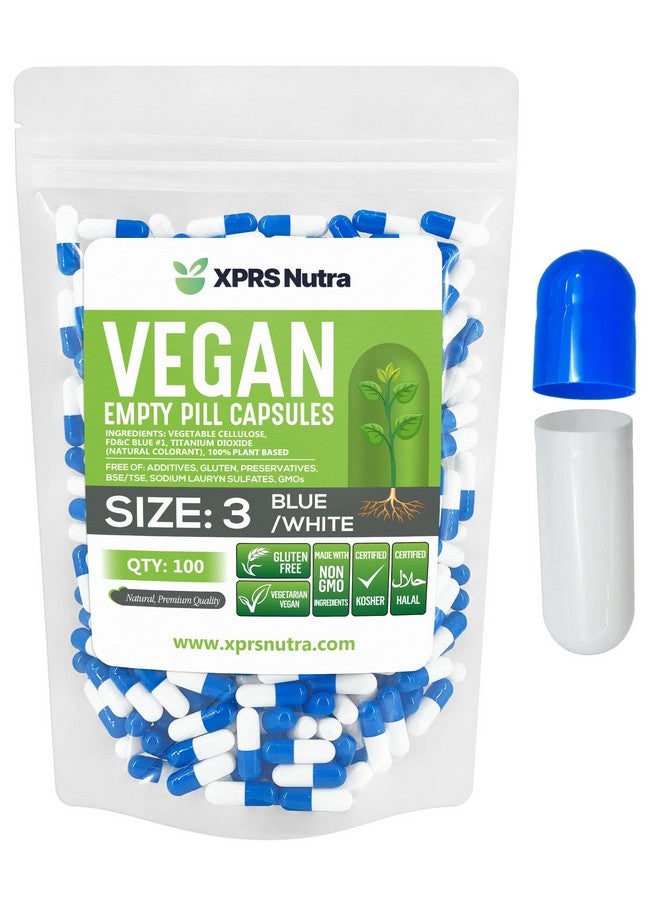 XPRS Nutra كبسولات فارغة بحجم 3 من XPRS Nutra - 100 عدداً نباتياً - كبسولات حبوب فارغة - تعبئة كبسولات الخضار بنفسك - كبسولات فارغة نباتية (أزرق/أبيض) - Image 1