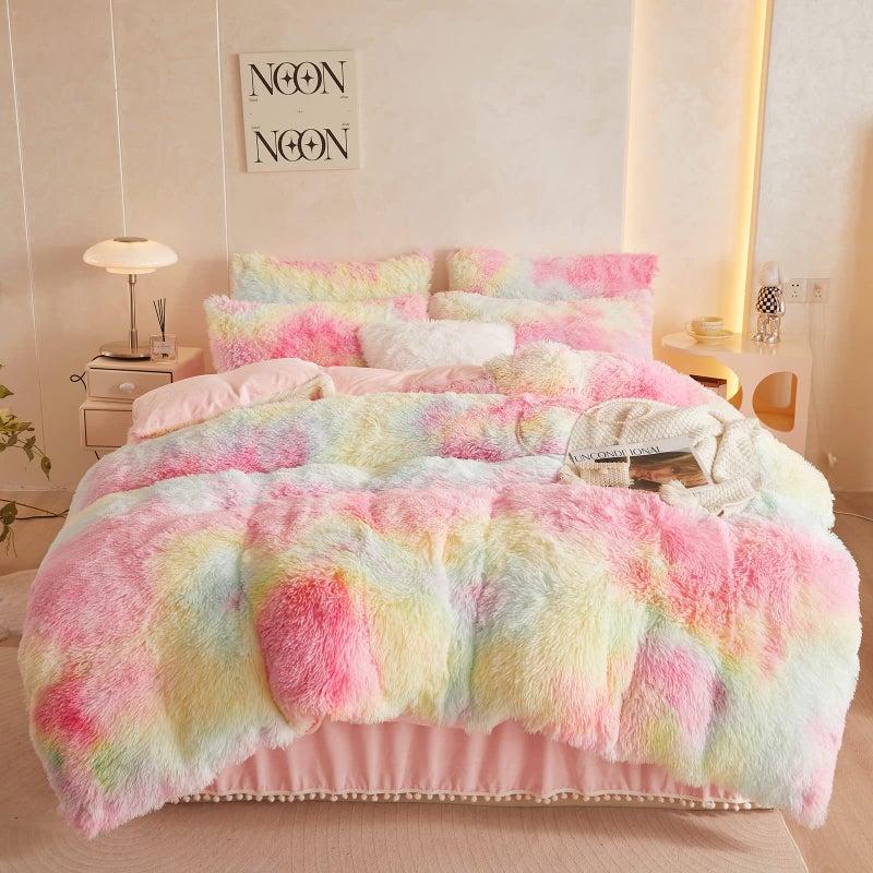 HAIHUA Fluffy Tie Dye Pink Comforter Cover Queen Set, Soft Shaggy Faux Fur Tie Dye Pink Bedding Queen Set 3 Pieces (1 Fuzzy Duvet Cover + 2 Furry Pillow Cases) Fluffy Bed Set, Zipper Closure - Image 1