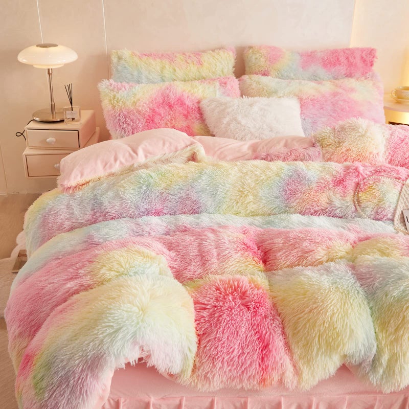 HAIHUA Fluffy Tie Dye Pink Comforter Cover Queen Set, Soft Shaggy Faux Fur Tie Dye Pink Bedding Queen Set 3 Pieces (1 Fuzzy Duvet Cover + 2 Furry Pillow Cases) Fluffy Bed Set, Zipper Closure - Image 4