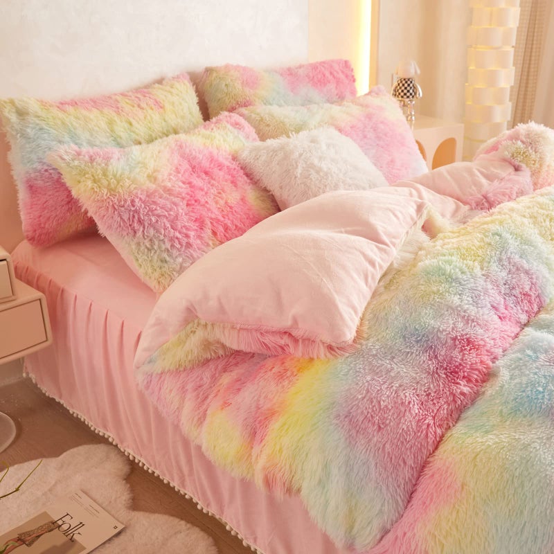 HAIHUA Fluffy Tie Dye Pink Comforter Cover Queen Set, Soft Shaggy Faux Fur Tie Dye Pink Bedding Queen Set 3 Pieces (1 Fuzzy Duvet Cover + 2 Furry Pillow Cases) Fluffy Bed Set, Zipper Closure - Image 3