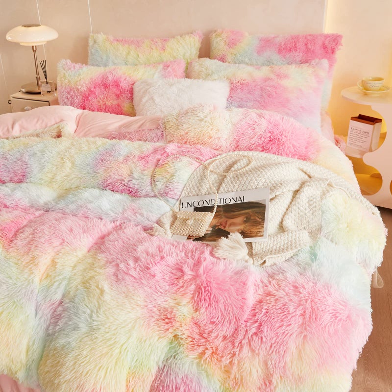 HAIHUA Fluffy Tie Dye Pink Comforter Cover Queen Set, Soft Shaggy Faux Fur Tie Dye Pink Bedding Queen Set 3 Pieces (1 Fuzzy Duvet Cover + 2 Furry Pillow Cases) Fluffy Bed Set, Zipper Closure - Image 5