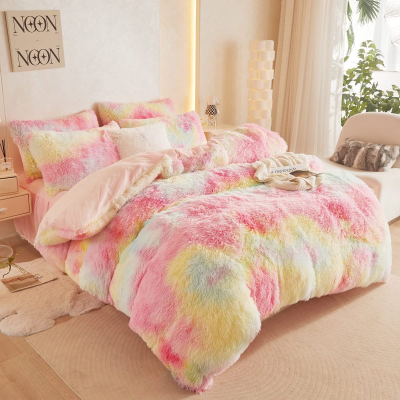 HAIHUA Fluffy Tie Dye Pink Comforter Cover Queen Set, Soft Shaggy Faux Fur Tie Dye Pink Bedding Queen Set 3 Pieces (1 Fuzzy Duvet Cover + 2 Furry Pillow Cases) Fluffy Bed Set, Zipper Closure - Image 2