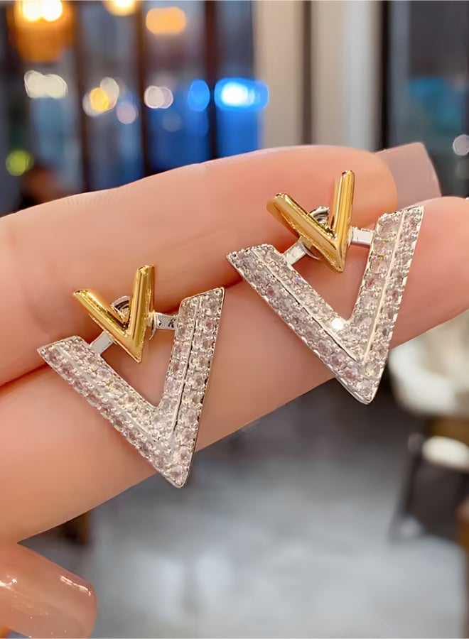 عين أقراط مطلية بالذهب عيار 22 قيراطًا على شكل حرف V مرصعة بأحجار الراين - تصميم بسيط مزدوج الاستخدام من الأمام والخلف للنساء - Image 3