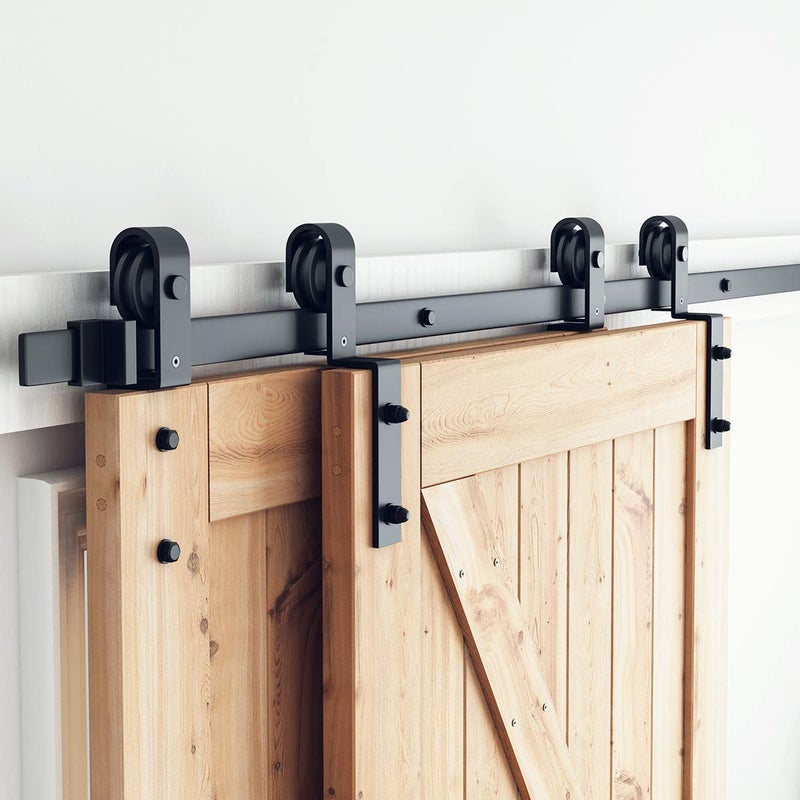 SMARTSTANDARD 6.6 Feet Bypass Sliding Barn Door Hardware Kit - for Double Wooden Doors-Single Track - Smoothly & Quietly - Easy to Install-Fit 67" Opening - Image 1