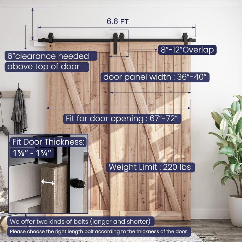 SMARTSTANDARD 6.6 Feet Bypass Sliding Barn Door Hardware Kit - for Double Wooden Doors-Single Track - Smoothly & Quietly - Easy to Install-Fit 67" Opening - Image 4