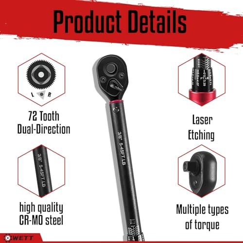 WETT 3Pcs Torque Wrench Set, 1/4'' & 3/8'' & 1/2'' Drive Click Torque Wrench, Dual-Direction Adjustable Reversible 72-Tooth Ratchet Handle, 20-240IN.LB, 5-45FT.LB, 20-160FT.LB - Image 3