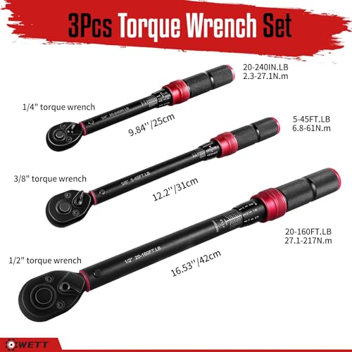 WETT 3Pcs Torque Wrench Set, 1/4'' & 3/8'' & 1/2'' Drive Click Torque Wrench, Dual-Direction Adjustable Reversible 72-Tooth Ratchet Handle, 20-240IN.LB, 5-45FT.LB, 20-160FT.LB - Image 2