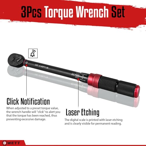 WETT 3Pcs Torque Wrench Set, 1/4'' & 3/8'' & 1/2'' Drive Click Torque Wrench, Dual-Direction Adjustable Reversible 72-Tooth Ratchet Handle, 20-240IN.LB, 5-45FT.LB, 20-160FT.LB - Image 5