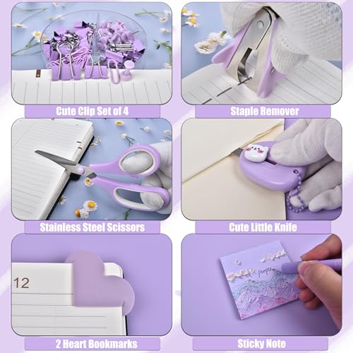 LXEVIHK Purple Desk Accessories, 26Pcs Office Supplies and Desk Organizers, with Tape Dispenser, Stapler, Staple Remover Ect, Gift Box Packaging - Image 5