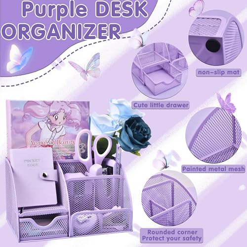 LXEVIHK Purple Desk Accessories, 26Pcs Office Supplies and Desk Organizers, with Tape Dispenser, Stapler, Staple Remover Ect, Gift Box Packaging - Image 2