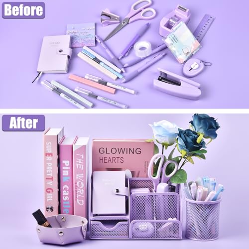 LXEVIHK Purple Desk Accessories, 26Pcs Office Supplies and Desk Organizers, with Tape Dispenser, Stapler, Staple Remover Ect, Gift Box Packaging - Image 3