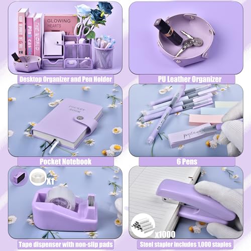 LXEVIHK Purple Desk Accessories, 26Pcs Office Supplies and Desk Organizers, with Tape Dispenser, Stapler, Staple Remover Ect, Gift Box Packaging - Image 4