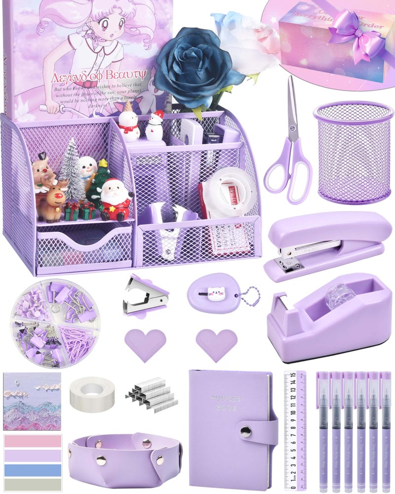 LXEVIHK Purple Desk Accessories, 26Pcs Office Supplies and Desk Organizers, with Tape Dispenser, Stapler, Staple Remover Ect, Gift Box Packaging - Image 1