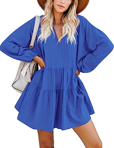 FANCYINN Long Sleeve Shift Tunic Dress Ruffle Swing Babydoll Juniors Mini Tiered Dress with Pockets Dark Blue M - Image 4