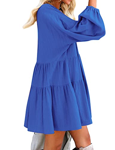 FANCYINN Long Sleeve Shift Tunic Dress Ruffle Swing Babydoll Juniors Mini Tiered Dress with Pockets Dark Blue M - Image 2