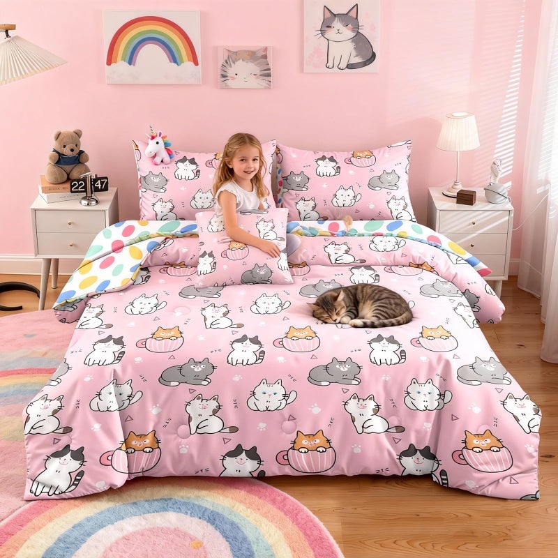 Bodhi Girls Cats Bedding Sets Twin,Twin Bedding Sets for Girls Super Soft Microfiber All Season Kids Cats Comforter Twin - Image 1