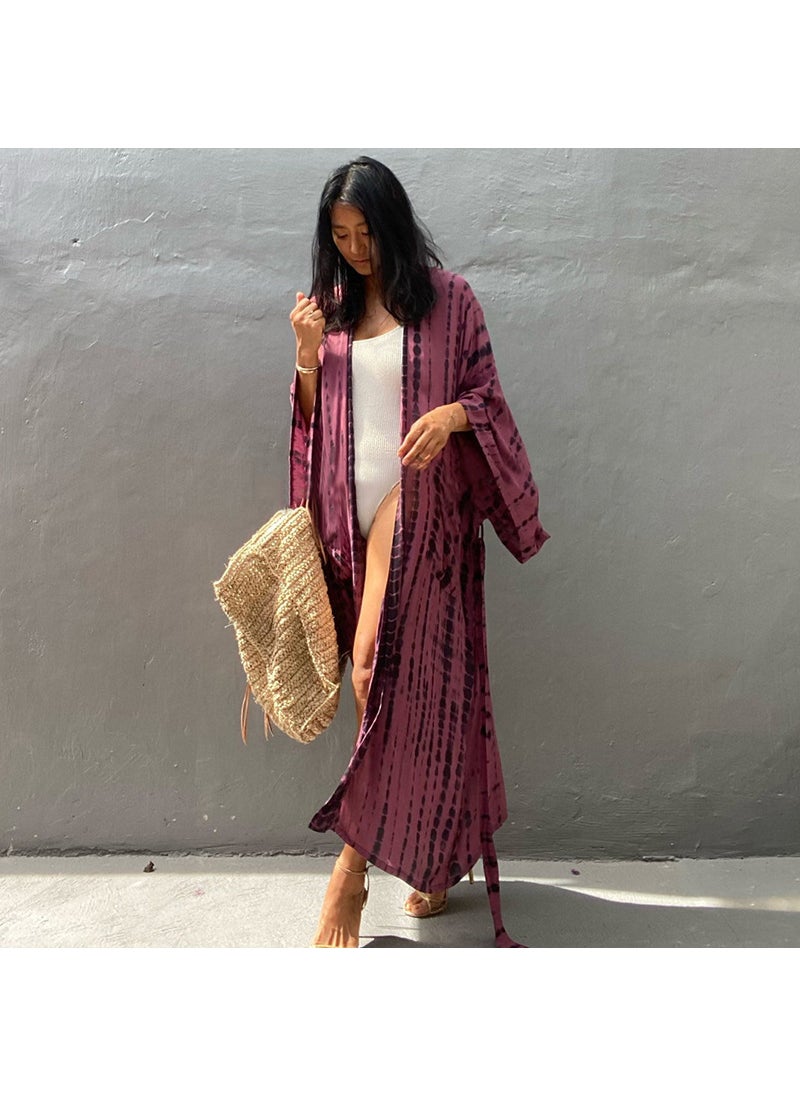 Generic New Bohemian Cotton Print Cardigan Bikini Cover-Up Dark Rose (ZS1793-6) 