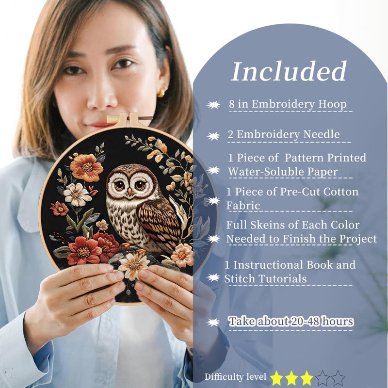 FONNUY Embroidery Kit for Beginners, Owl Flowers Pre-Stamped Pattern Kits for Adults with Hoop, Easy to Follow Color Thread Needlework, 8'' Hoop (Black) - Image 2