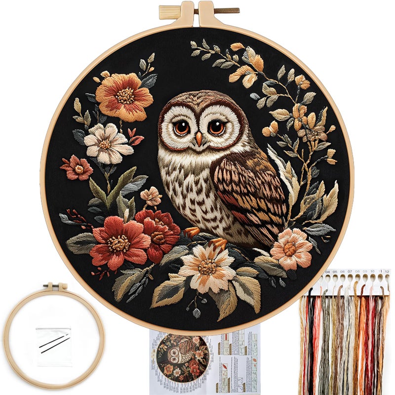 FONNUY Embroidery Kit for Beginners, Owl Flowers Pre-Stamped Pattern Kits for Adults with Hoop, Easy to Follow Color Thread Needlework, 8'' Hoop (Black) - Image 1