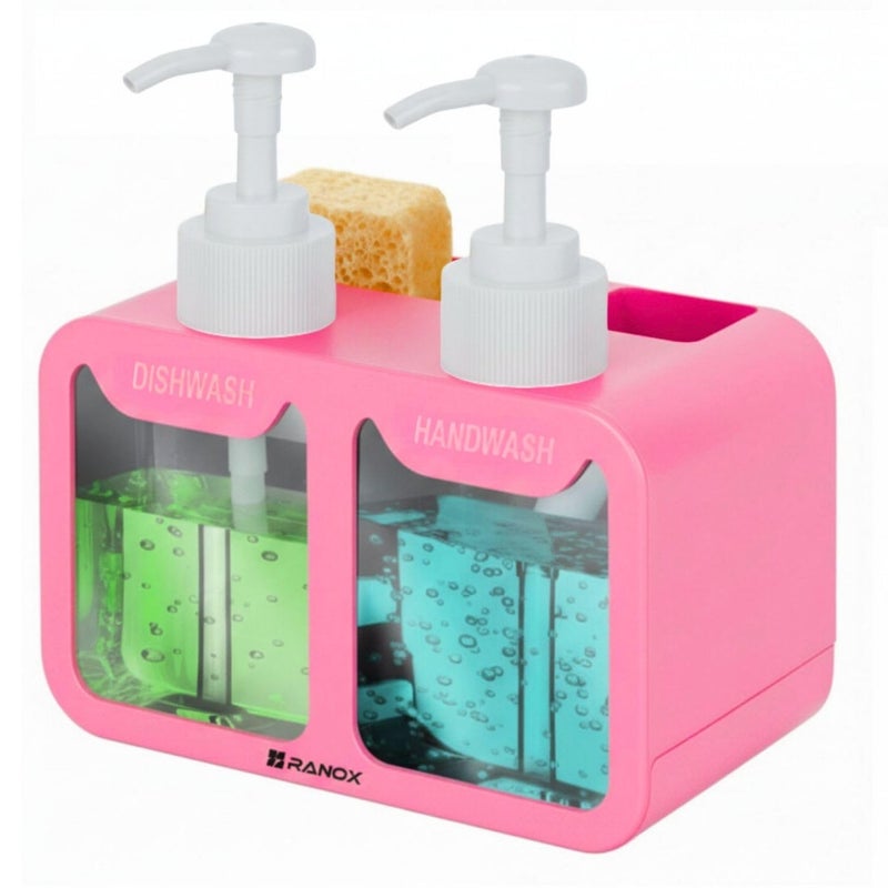 Ranox 4-in-1 Soap Dispenser with Sponge Holder – Liquid Soap & Dishwashing Pump | Kitchen Sink Organizer & Bathroom Accessories (700ML) (Pink) - Image 1