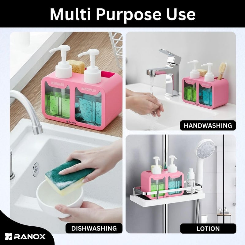 Ranox 4-in-1 Soap Dispenser with Sponge Holder – Liquid Soap & Dishwashing Pump | Kitchen Sink Organizer & Bathroom Accessories (700ML) (Pink) - Image 4