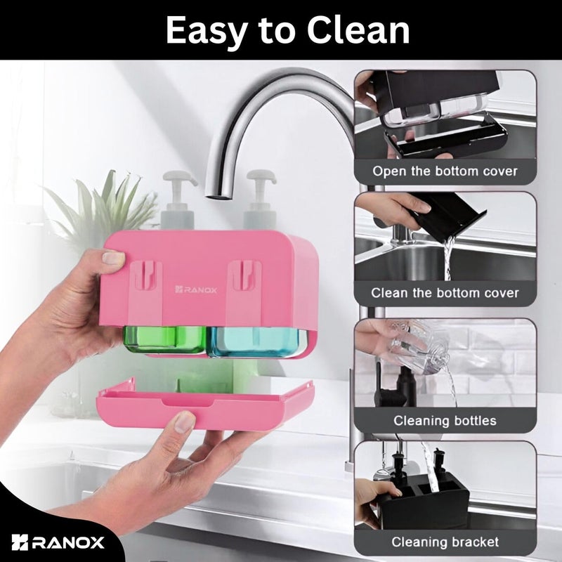 Ranox 4-in-1 Soap Dispenser with Sponge Holder – Liquid Soap & Dishwashing Pump | Kitchen Sink Organizer & Bathroom Accessories (700ML) (Pink) - Image 5
