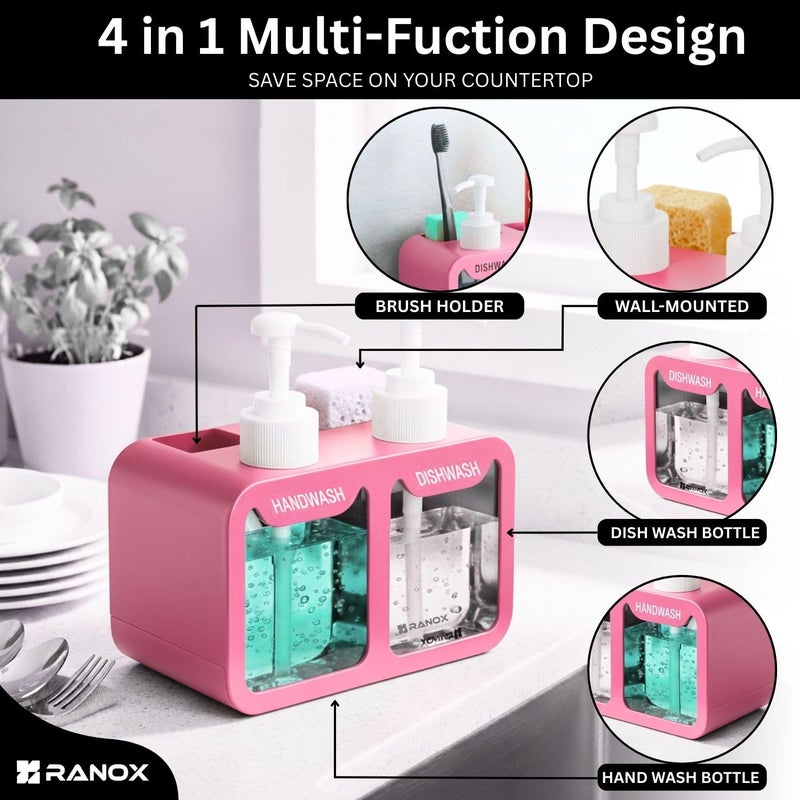 Ranox 4-in-1 Soap Dispenser with Sponge Holder – Liquid Soap & Dishwashing Pump | Kitchen Sink Organizer & Bathroom Accessories (700ML) (Pink) - Image 3