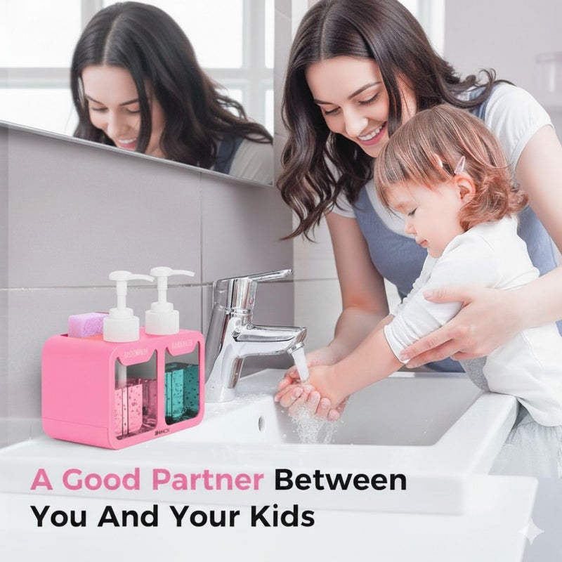 Ranox 4-in-1 Soap Dispenser with Sponge Holder – Liquid Soap & Dishwashing Pump | Kitchen Sink Organizer & Bathroom Accessories (700ML) (Pink) - Image 2