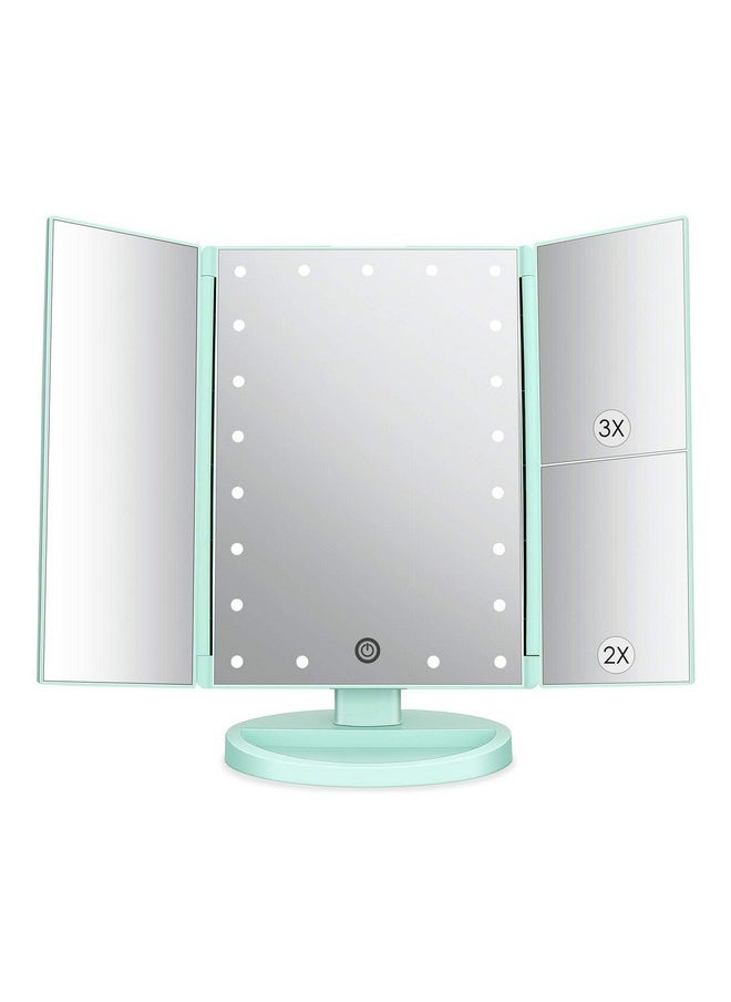 DeWEISN - Tri-Fold Lighted Vanity Mirror With 21 Led Lights, Touch Screen And 3X/2X/1X Magnification, Two Power Supply Mode Make Up Mirror,Travel Mirror (Green) - Image 1