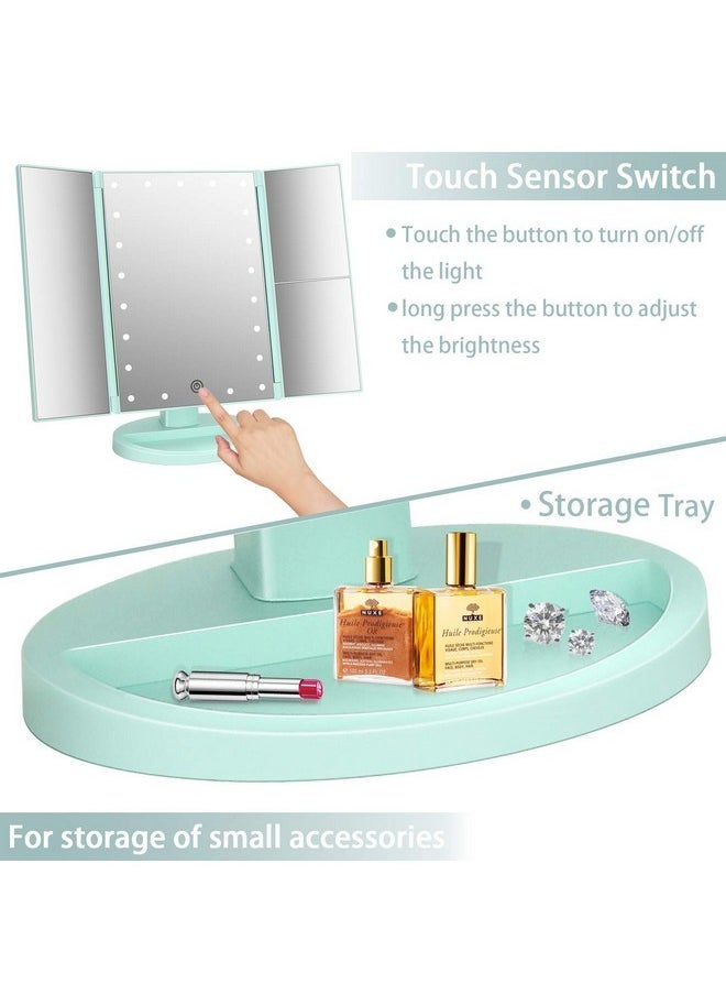 DeWEISN - Tri-Fold Lighted Vanity Mirror With 21 Led Lights, Touch Screen And 3X/2X/1X Magnification, Two Power Supply Mode Make Up Mirror,Travel Mirror (Green) - Image 1