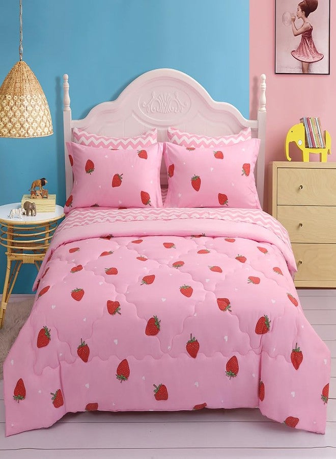 Gusuhome Girls Strawberry Comforter Set Queen Size - 7 Piece Bed in A Bag Bedding Set for Kids Teens - All Season (1 Comforter,1 Flat Sheet,1 Fitted Sheet and 4 Pillow Sham) Pink - Image 2