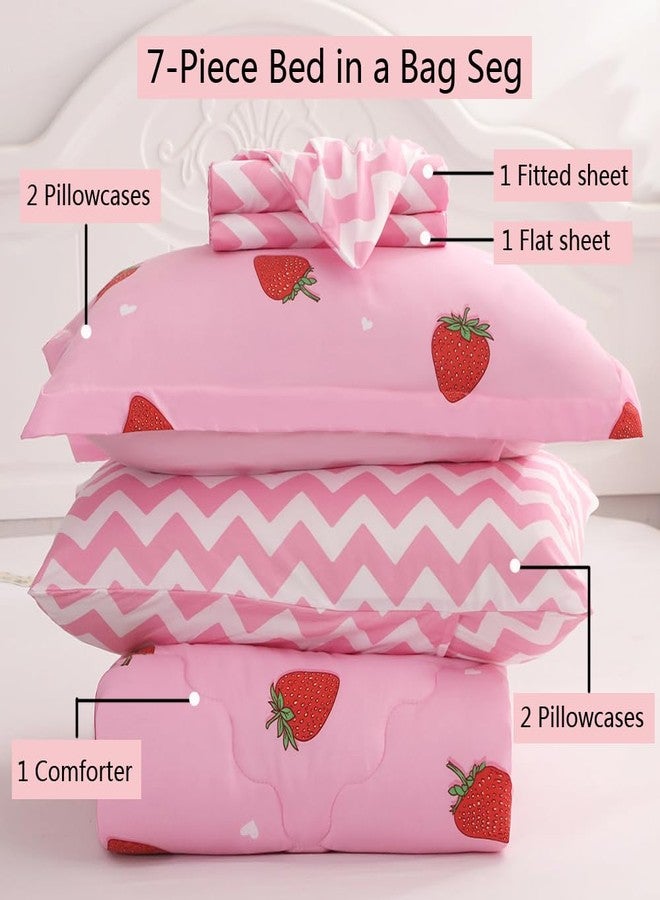 Gusuhome Girls Strawberry Comforter Set Queen Size - 7 Piece Bed in A Bag Bedding Set for Kids Teens - All Season (1 Comforter,1 Flat Sheet,1 Fitted Sheet and 4 Pillow Sham) Pink - Image 3