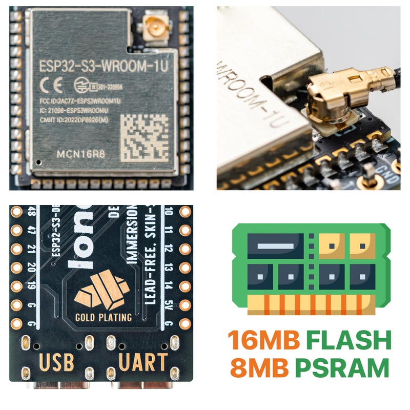 LONELY BINARY لوحة تطوير لوني ثنائية ESP32-S3 إصدار ذهبي 16MB فلاش 8MB PSRAM مزدوج USB-C هوائي IPEX واي فاي بلوتوث لمشاريع Arduino IoT، MicroPython و ESP-IDF N16R8 (16MB + هوائي إصدار ذهبي) - Image 5