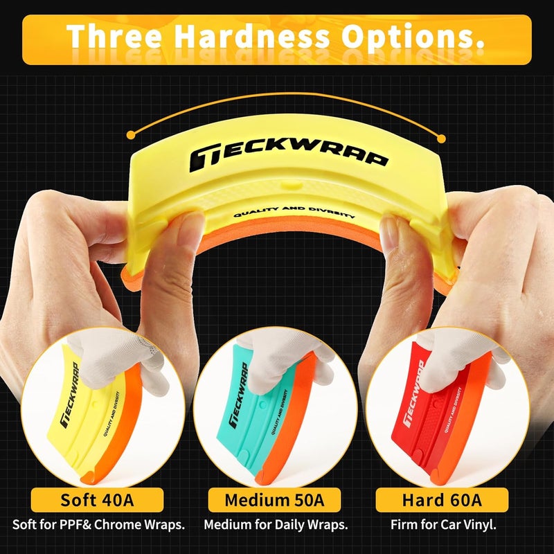 TECKWRAP Felt Squeegee for Vinyl Wrap, Pro Car Wrap Tool Kit with 3 Hardness Levels (Soft/Medium/Hard), Trapezoid Shape, Premium Felt Edge (Yellow 40A / Green 50A / Red 60A) - Image 3