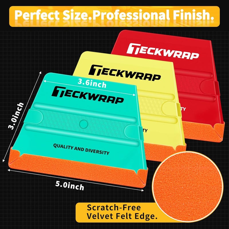 TECKWRAP Felt Squeegee for Vinyl Wrap, Pro Car Wrap Tool Kit with 3 Hardness Levels (Soft/Medium/Hard), Trapezoid Shape, Premium Felt Edge (Yellow 40A / Green 50A / Red 60A) - Image 2