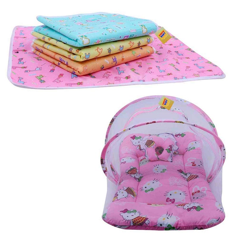Fareto Born Baby Combo of 1 Mosquito Net Bed and 4 Plastic Changing Diapers Mat/Massage Mat/Protection Mat(0-6 Months)(Pink Teddy) - Image 1