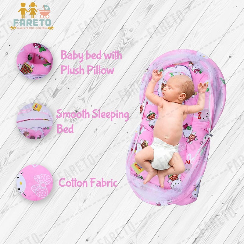 Fareto Born Baby Combo of 1 Mosquito Net Bed and 4 Plastic Changing Diapers Mat/Massage Mat/Protection Mat(0-6 Months)(Pink Teddy) - Image 3