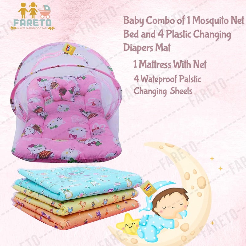 Fareto Born Baby Combo of 1 Mosquito Net Bed and 4 Plastic Changing Diapers Mat/Massage Mat/Protection Mat(0-6 Months)(Pink Teddy) - Image 2