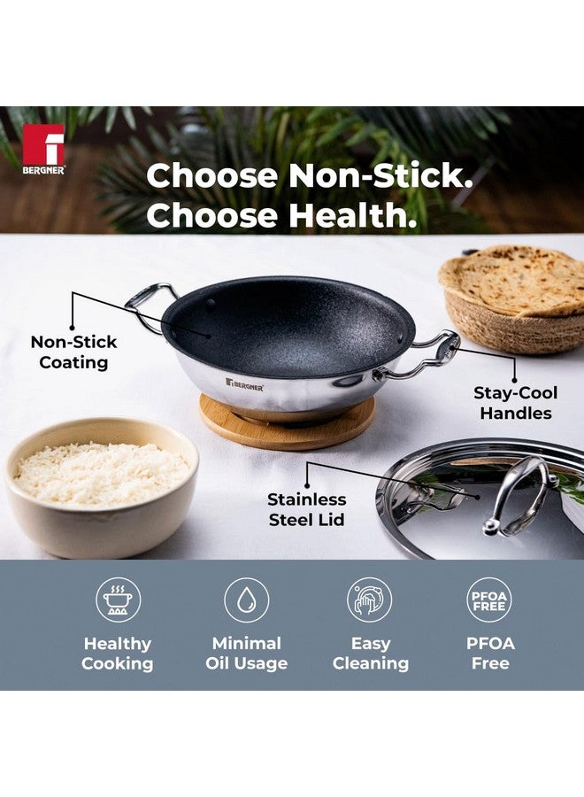 Bergner Hitech-Peek Triply Stainless Steel Kadai/Indian Wok with Steel Lid, 20 cm, Non Stick Performance Coating, Induction Bottom, Gas Ready, Metal Spatula Friendly - Image 2