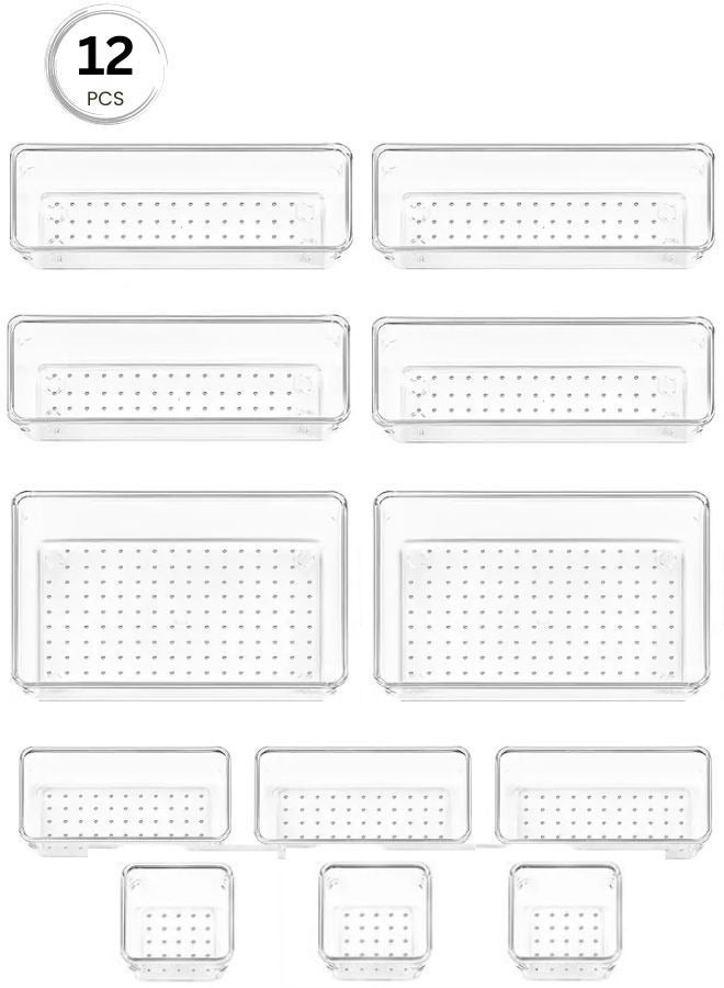 Drawer Dividers Organizer Set of 12 Pieces Clear Plastic Drawer Organizing and Storage Bins For Makeup Jewelry Dresser Office And Kitchen Bliss  - Image 1