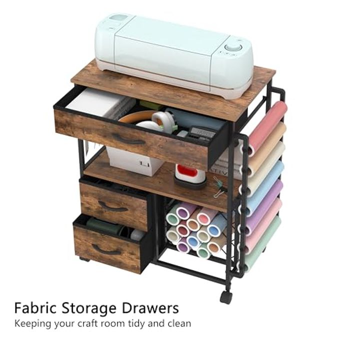 VENNQD Storage Cart Compatible With Cricut Machines Stand Cutting Machine Stand With Drawers And Vinyl Roll Holder Rolling Craft Cabinet Table For Cricut Craft Workstation (Rustic Brown) - Image 3
