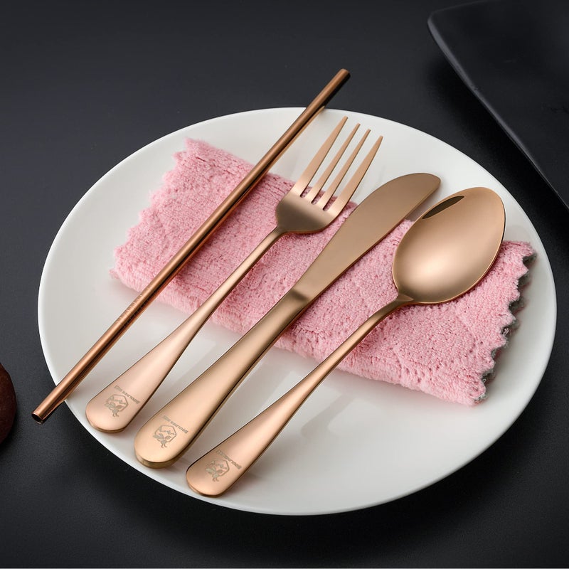 Boulder Bee Travel Utensils | Reusable Camping Cutlery | Stainless Steel Flatware | Portable Silverware Set with Case | Includes Knife/Fork/Spoon/Straw/Cleaning Cloth (Rose Gold) - Image 4