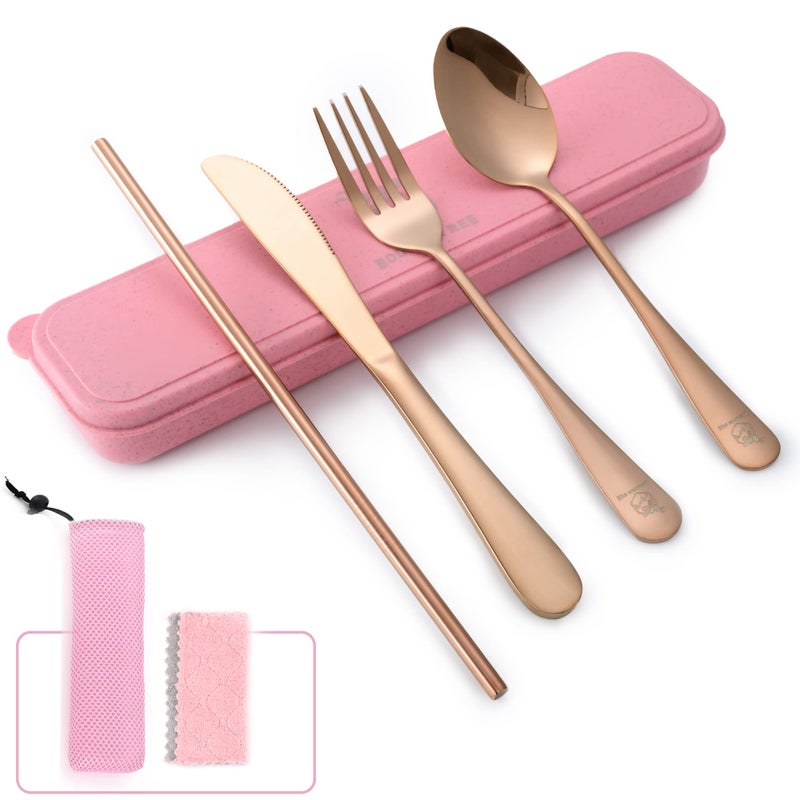 Boulder Bee Travel Utensils | Reusable Camping Cutlery | Stainless Steel Flatware | Portable Silverware Set with Case | Includes Knife/Fork/Spoon/Straw/Cleaning Cloth (Rose Gold) - Image 1