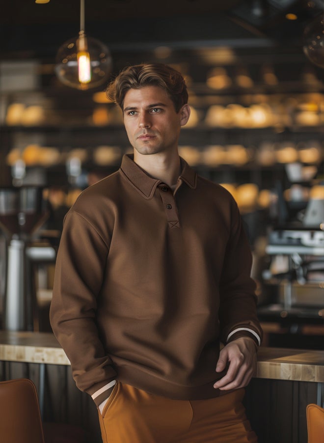 trendyol سويت شيرت سميك من بولار فليس بقلنسوة مزررة بقصة واسعة/أوفر سايز بني TMNAW24SW00107 - Image 1