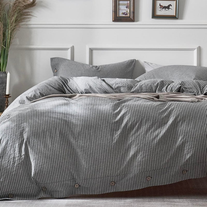 JELLYMONI Cotton Duvet Cover Queen Size - Black Vertical Pinstriped Comforter Cover with Button 100% Washed Cotton 3PCS Breathable Soft Solid Bedding Set Duvet Cover 90×90in & 2 Pillowcases - Image 1