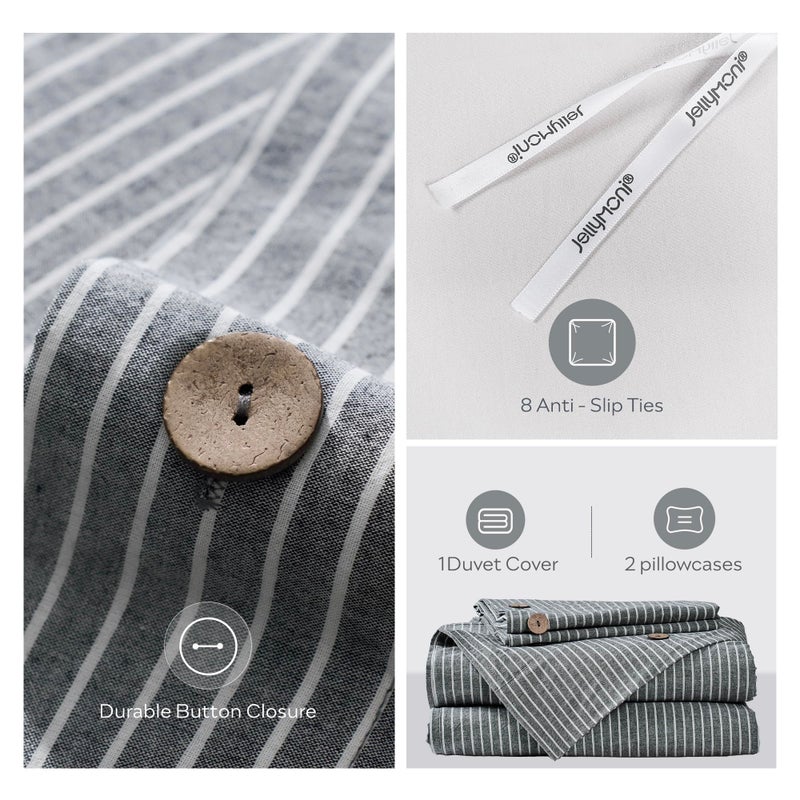 JELLYMONI Cotton Duvet Cover Queen Size - Black Vertical Pinstriped Comforter Cover with Button 100% Washed Cotton 3PCS Breathable Soft Solid Bedding Set Duvet Cover 90×90in & 2 Pillowcases - Image 3