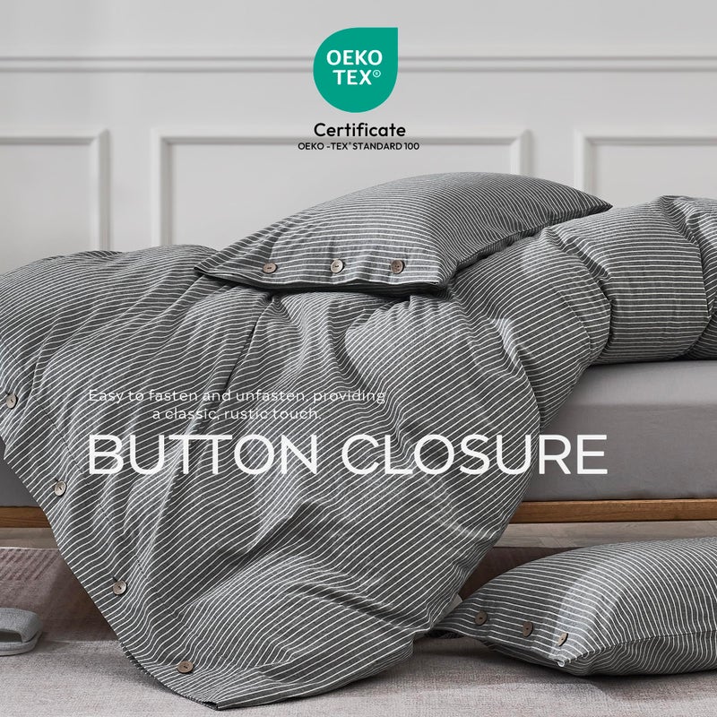 JELLYMONI Cotton Duvet Cover Queen Size - Black Vertical Pinstriped Comforter Cover with Button 100% Washed Cotton 3PCS Breathable Soft Solid Bedding Set Duvet Cover 90×90in & 2 Pillowcases - Image 5